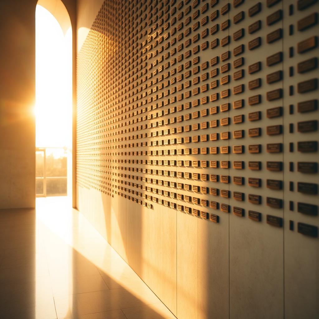 Bronze memorial nameplates in soft sunlight